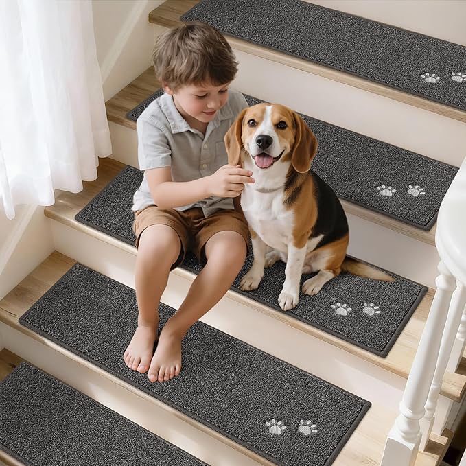 BEQHAUSE Stair Treads for Wooden Steps 28inX9in, Non Slip Carpet Stair Treads Indoor Stair Runners Machine Washable, Soft Stair Rugs Mat Surface Polyester TPE Backing, 4pcs, Charcoal