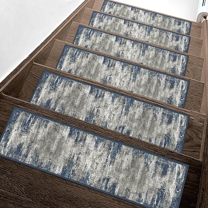 Non Slip Stair Treads for Wooden Steps 15PCS - 8"x30" Indoor Safety Carpet, Edging Mats with TPE Adhesive Backing, Pet and Elderly Friendly Stair Rugs (Blue/Ivory)
