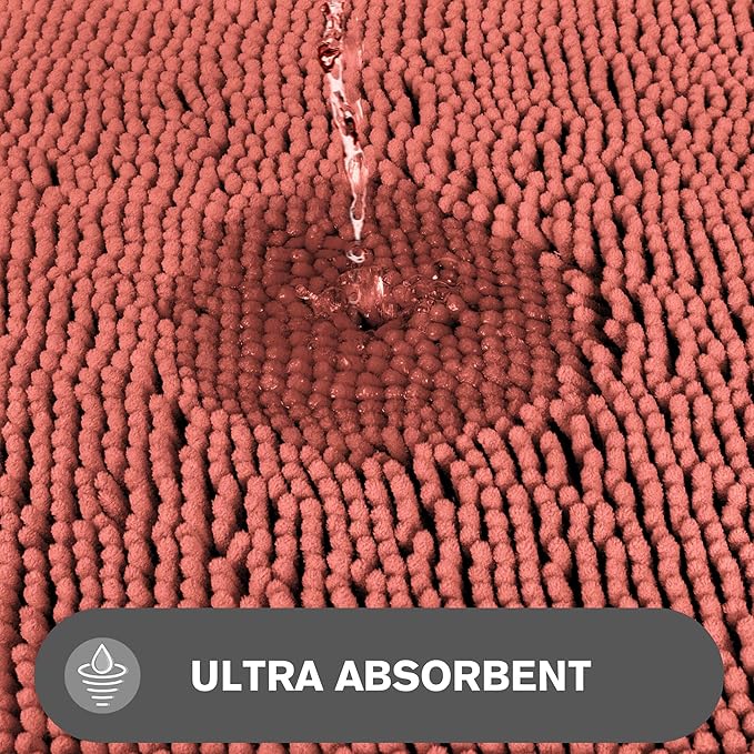 Bathroom Rugs Sets 2 Piece – Absorbent and Washable Bath Mat, Non-Slip, Thick Soft Chenille Bath Rugs for Bathroom Floor, Shower, Sink(17" x 24"+17" x 47", Coral)