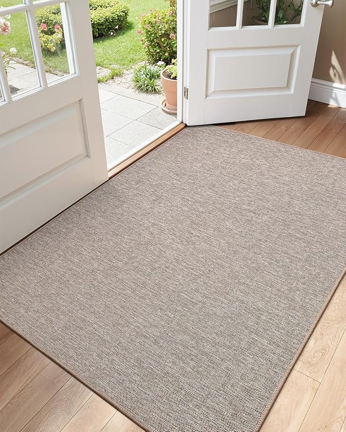 Color&Geometry Ultra Thin Indoor Door Mat (Rolled-up NO Creases) 48"x72", Non Slip Rubber Backed Dirt Trapper Door Mat Indoor Entrance, Low Profile Entryway Mat, Easy Clean, Light Brown Linen