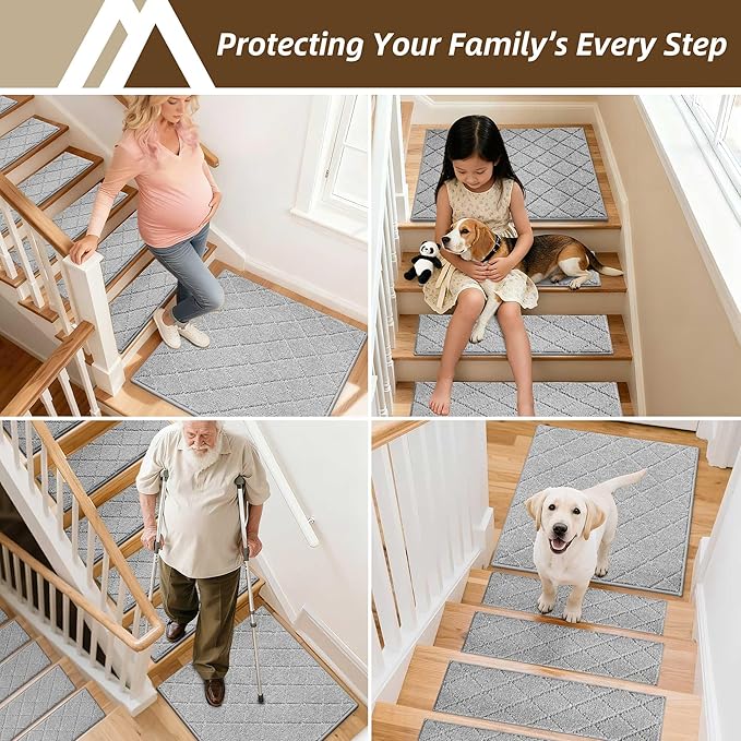 COSY HOMEER Edging Stair Treads Non-Slip Corner Indoor Stair Runners for Wooden Steps,Landing Slip Resistant Stair Rugs Mat for Kids and Dogs,100% Polyester TPE Backing,Grey,30x30 inch