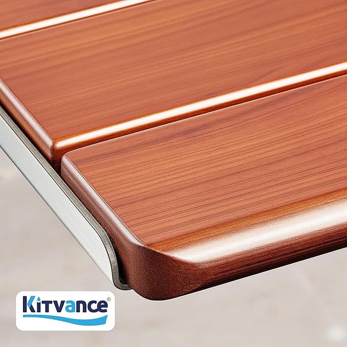 [Upgraded Version] 18" ADA Compliant Folding Teak Shower Seat Wall Mounted-Folding Shower Bench, Folding Shower Seat for Inside Shower, Teak Foldable Shower Chair, Fold Down Shower Seat, Max 400lbs