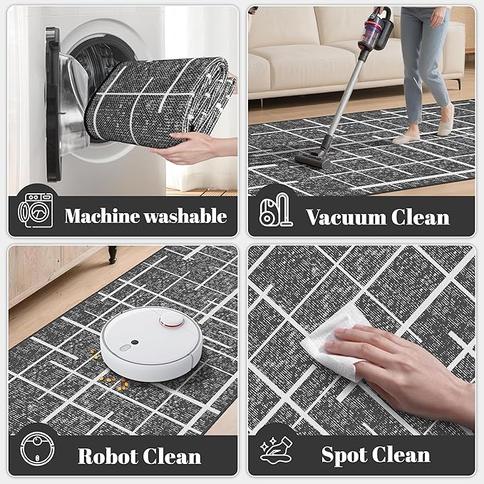 Non Slip Hallway Runner Rug 2.6x12, Modern Distressed Stripe, Washable Extra Long Rug, Woven Thin Low Pile Carpet Runners for Hallway 12ft Entryway, Kitchen, Walkway- Gray