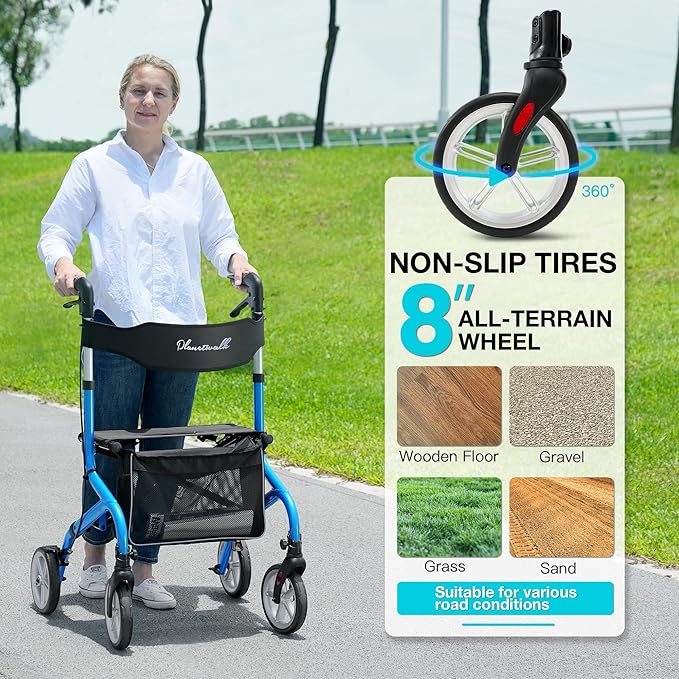 PLANET WALK Super Lightweight Rollator Walker for Seniors, Foldable Rolling Walker with Seat and 8" Rubber Wheels for All Terrain, Unique Design Aluminium Frame Sturdy Walkers for Traveling - Blue