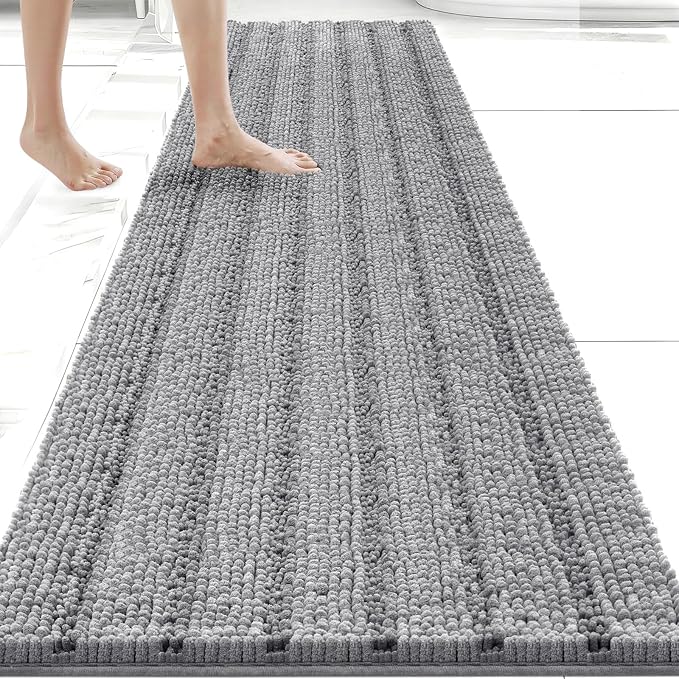 Bcoimo Long Bathroom Rug, Chenille Bath Runner with High Low Pile Design, Soft Absorbent Non Slip Bath Mat, Machine Washable Quick Dry Rug for Shower, Tub, Sink and Vanity