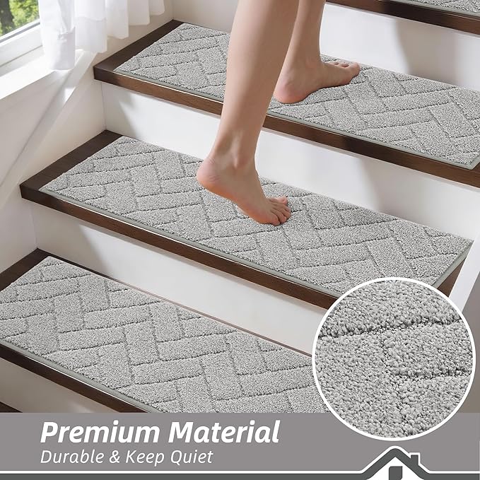 BEQHAUSE Edging Stair Treads for Wooden Steps 9" x 28", Non Slip Carpet Stair Treads Indoor Stair Runners, Soft Stair Rugs, Machine Washable, 100% Polyester, TPE Backing, 4pcs, Grey