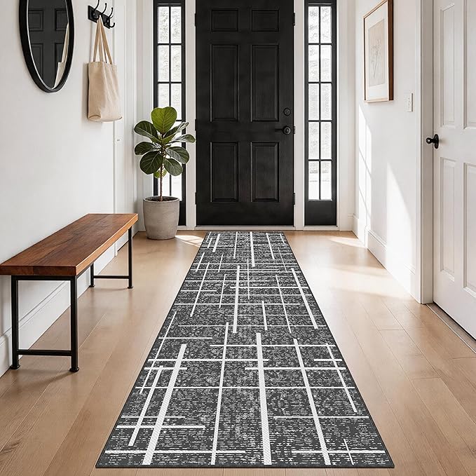 Non Slip Hallway Runner Rug 2x8,Modern Distressed Stripe, Washable Long Rug, Woven Thin Low Pile Carpet Runners for Hallway 10ft Entryway, Kitchen, Walkway- Gray