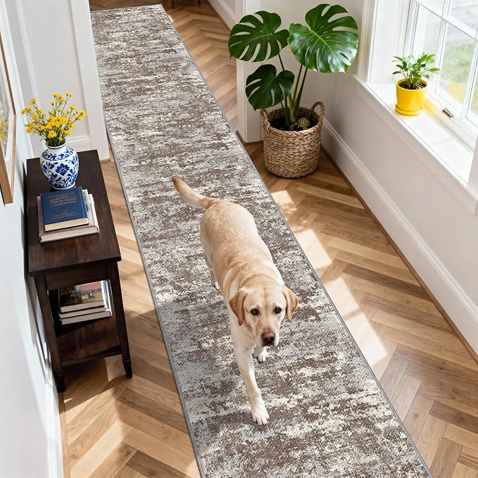 Non Slip Floor Runners for Dogs 2.6x12 Washable Runner Rug Abstract, Joint Support for Senior Dogs, Woven, Extra Grip Traction Runners for Hallway, Entryway, Walkway, Brown