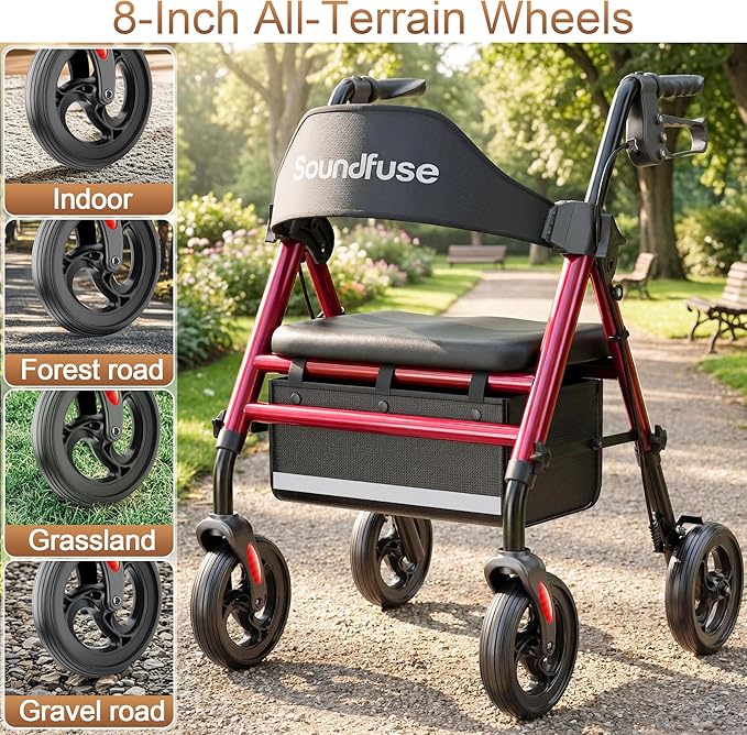 SOUNDFUSE Walkers for Seniors, Rollator Walker with Seat, 8" All Terrain Wheels, Double Support Bar, 16" Ergonomic Arc Seat and Comfortable Backrest, Dual Height Adjustable and Foldable Design