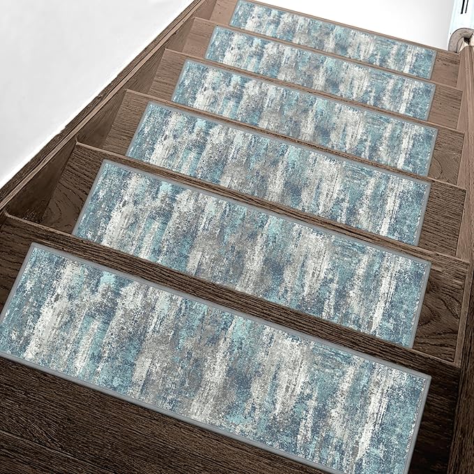 sarben Carpet Stair Treads Non Slip 15PCS, 8" X 30" Edging Stair Runner for Wooden Steps Indoor, Resistant Stair Rugs with Reusable TPE Adhesive Backing, Residue Free Mat for Kids, Elders, Pets, Teal