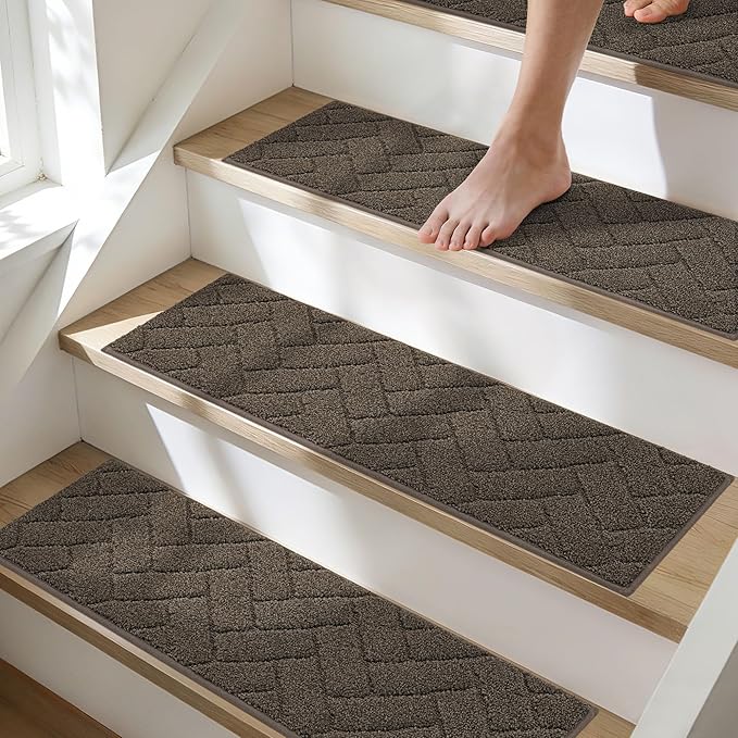 BEQHAUSE Edging Stair Treads for Wooden Steps 9" x 28", Non Slip Carpet Stair Treads Indoor Stair Runners, Soft Stair Rugs, Machine Washable, 100% Polyester, TPE Backing, 4pcs, Brown