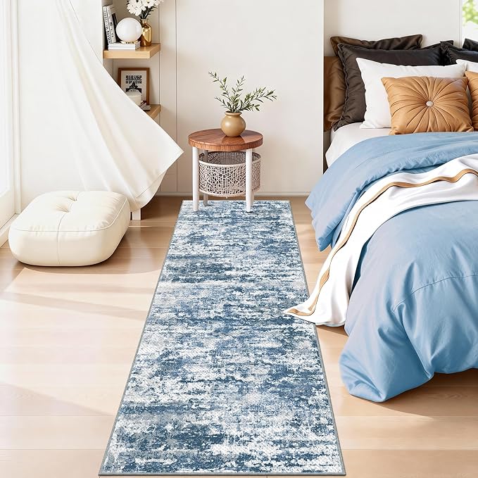 Abstract Washable Runner Rug 2x6, Blue Non-Slip Hallway Rug, Woven Non-Shedding Thin Runners for Entryway, Kitchen, Laundry Room