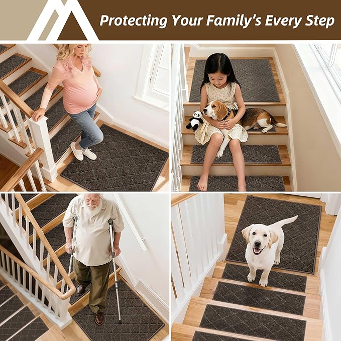 COSY HOMEER Edging Stair Treads Non-Slip Corner Indoor Stair Runners for Wooden Steps,Landing Slip Resistant Stair Rugs Mat for Kids and Dogs,100% Polyester TPE Backing,Brown,30x30 inch
