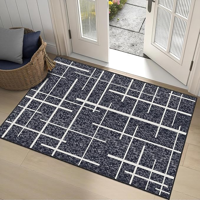 3x5 Washable Rug, Modern Distressed Stripe, Small Area Rug Non Slip, Woven Thin No Shed Office Chair Friendly Runners for Entryway, Kitchen, Home Office, Studio - Midnight Black
