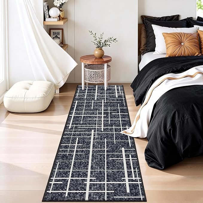 Non Slip Hallway Runner Rug 2x8,Modern Distressed Stripe, Washable Long Rug, Woven Thin Low Pile Carpet Runners for Hallway 10ft Entryway, Kitchen, Walkway- Midnight Black