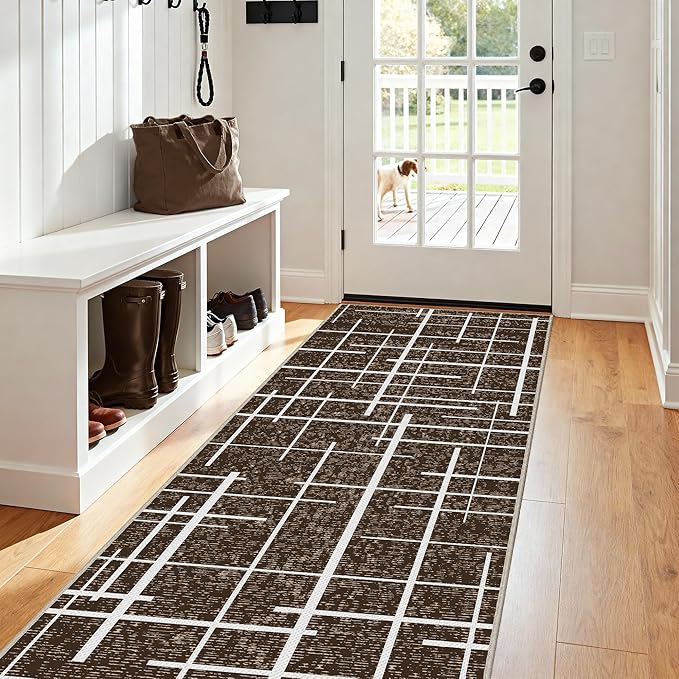 Non Slip Hallway Runner Rug 2x10, Brown Modern Distressed Stripe, Washable Long Rug, Woven Thin Low Pile Carpet Runners for Hallway 10ft Entryway, Kitchen, Walkway- Brown