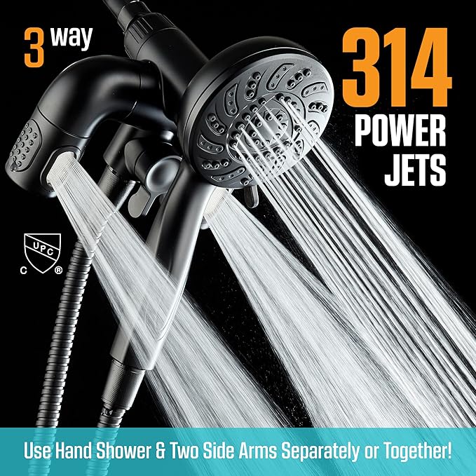 Aquadance High Pressure 156 Setting 14 Zone Shower Head & Handheld 3-way Combo System - Magnetic Docking, 314 Power Jets, Dual Adjustable Arms, 6 ft. Metal Hose, Matte Black Finish, Top American Brand