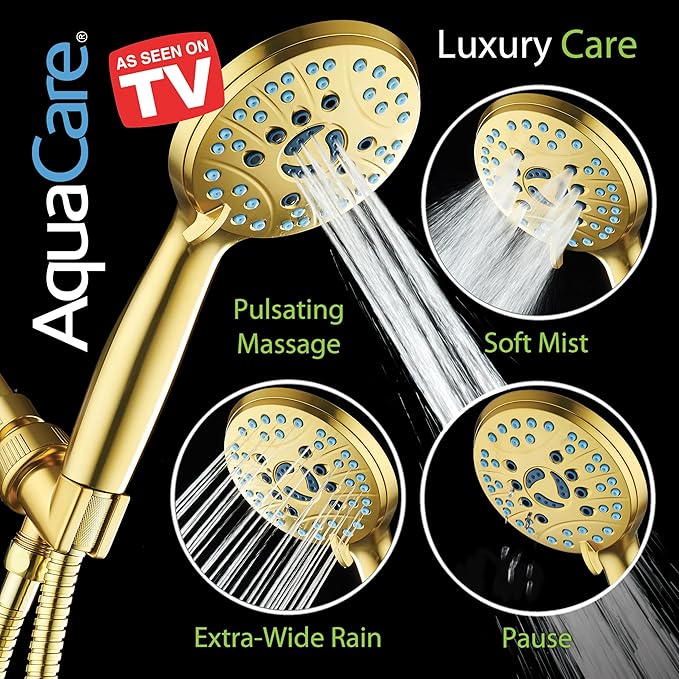 AquaCare High Pressure 8-mode Handheld Shower Head - Anti-clog Nozzles, Built-in Power Wash to Clean Tub, Tile & Pets, Extra Long 6 ft. Stainless Steel Hose, Wall & Overhead Brackets