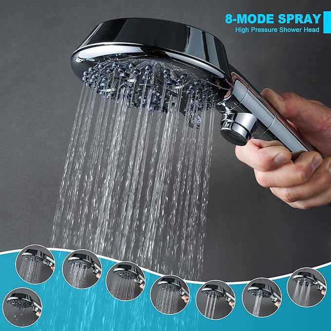 Handheld Shower Head with ON/OFF Switch,Detachable 8 Mode High Pressure Shower Wand with Long Hose and Bracket PLUS Extra Adhesive Holder for Lower Mount,Built-in Power Wash to Clean Tub,Silve