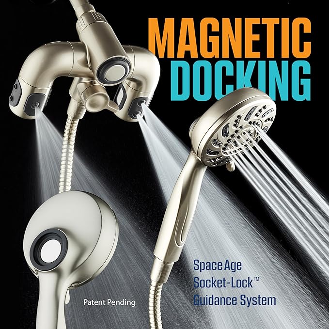Aquadance High Pressure 156 Setting 14 Zone Shower Head & Handheld 3-way Combo System - Magnetic Docking, 314 Power Jets, Dual Adjustable Arms, 6 ft. Metal Hose, All Nickel Finish, Top American Brand