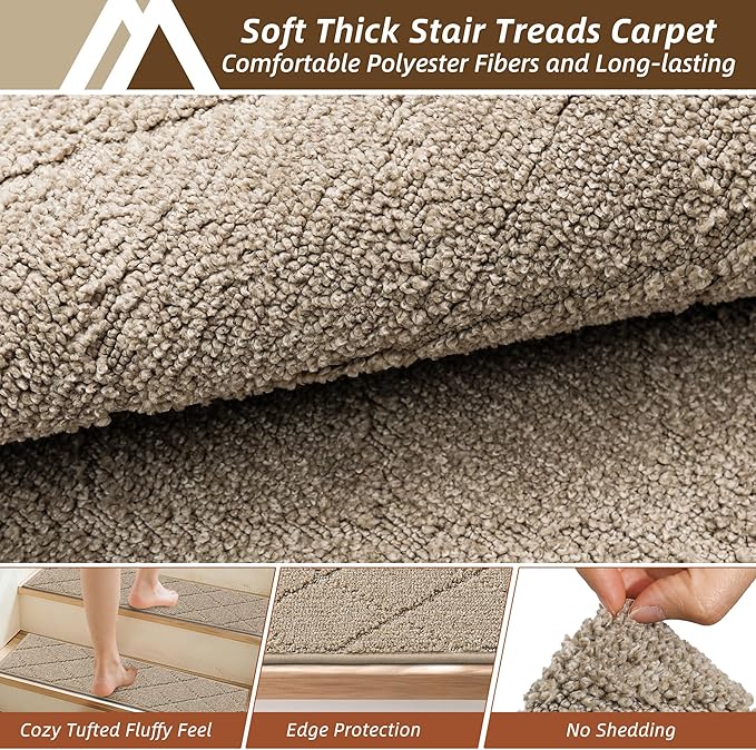 COSY HOMEER Edging Stair Treads Non-Slip Carpet Mat 28inX9in Indoor Stair Runners for Wooden Steps, Edging Stair Rugs for Kids and Dogs, 100% Polyester TPE Backing(4pc, Beige)