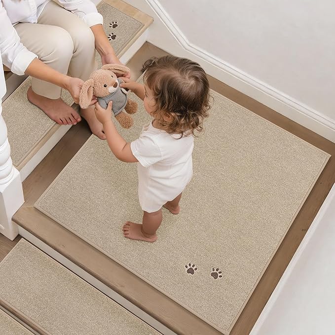 BEQHAUSE Stair Landing Rug Non-Slip 30"x30", Square Stair Landing Mats for Stairs Washable, Carpet Stair Treads Matching Mats for Wooden Steps Indoor Landing Rugs Surface Polyester TPE Backing, Beige
