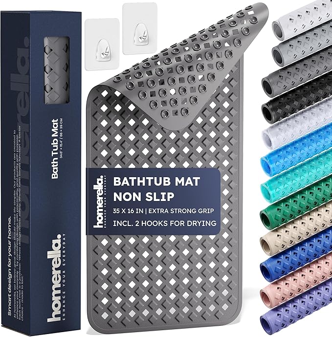 Bathtub Mat Non Slip 35x16 - homerella® Bath Mat Incl. Hooks for Drying, Extra Long, 100% BPA Free, Shower Mat Non Slip Anti Mold, Machine Washable, Shower Mats for Inside Shower Mildew Resistant