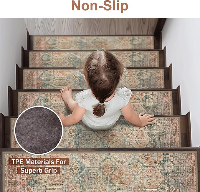 sarben Carpet Stair Treads Non Slip 15PCS, 8" X 30" Edging Stair Runner for Wooden Steps Indoor, Resistant Stair Rugs with Reusable TPE Adhesive Backing, Residue Mat for Elders, Pets, Cedarwood/Sage