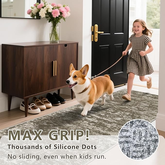 Abstract Washable Runner Rug 2x6, Brown Non-Slip Hallway Rug, Woven Non-Shedding Thin Runners for Entryway, Kitchen, Laundry Room - Deep Brown (Stain-Resistant Version, 2x6ft)