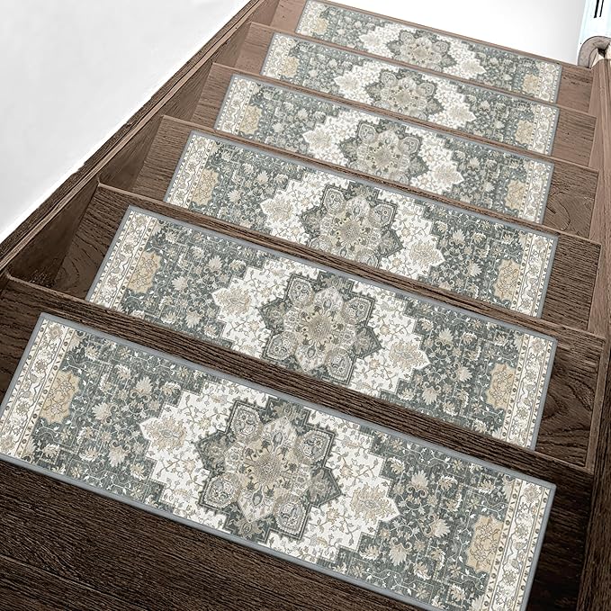 Non Slip Stair Treads for Wooden Steps 15PCS - 8"x30" Indoor Safety Carpet, Edging Mats with TPE Adhesive Backing, Pet and Elderly Friendly Stair Rugs (Heathered Grey)