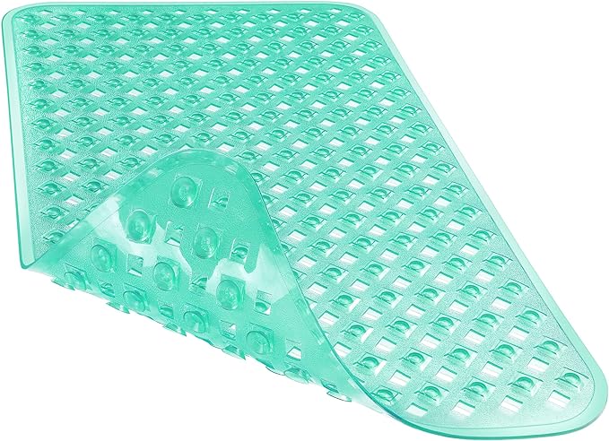 Yimobra Bathtub Mat Non Slip, Super Strong Suction Cups, 27.5"x15.5" Long Shower Mat with Drain Holes, Machine Washable Fast Draining Bath Mats, Bathroom Essentials,Clear Green