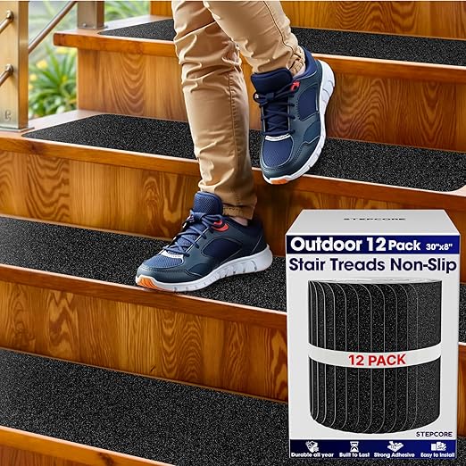 Outdoor Stair Treads Non Slip – 30" x 8" – 12-Pack Waterproof 80-Grit Grip Strips for Wooden Steps – Anti Slip & Anti Skid Step Treads – by STEPCORE