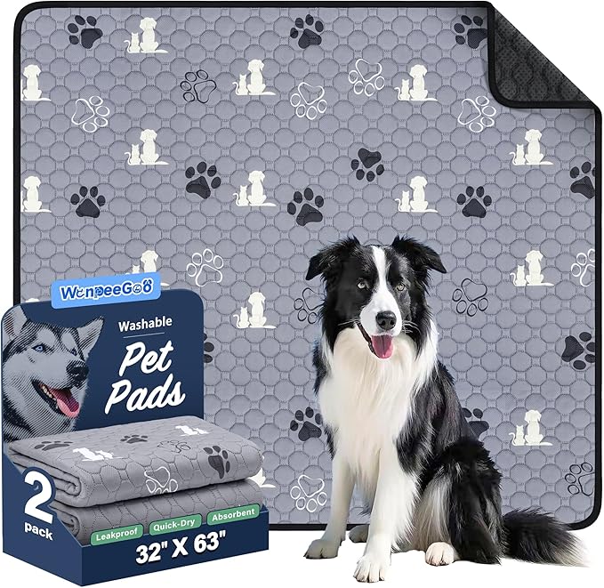 WanpeeGoo Washable Pee Pads, Puppy Pee Pad for Dogs, 2 Pack Absorbent Reusable Training Dog Pads Pet Puppy Pads, Non-Slip Potty Pads for Whelping, Playpen, Crate, Bed, Grey 32"x63"