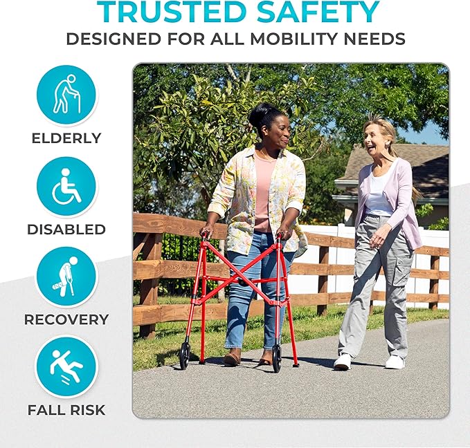 Stander Space Saver Walker, Lightweight Folding Rolling Mobility Aid for Seniors & Adults, Compact 2-Wheel Disability Device with 6-inch Wheels & Ski Glides for Walking Support, Sport Red