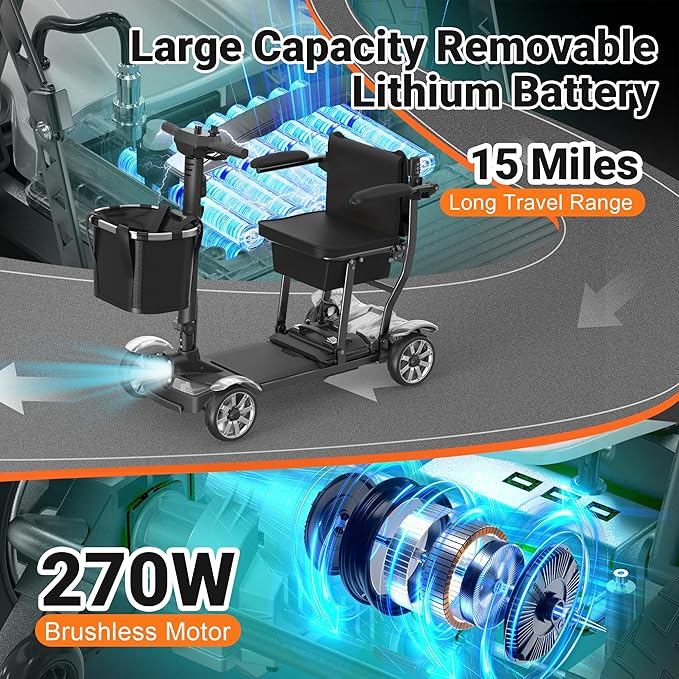 Mobility Scooter for Adults, 4 Wheels Mobility Scooter with LCD Display, 350LBS Capacity & Lithium Battery, Airline Approved, 38LBS Motorized Mobility Scooter for Seniors (Silver, 15 MI-211)