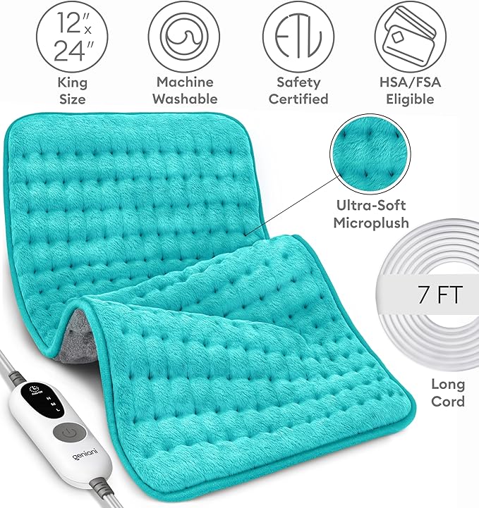 GENIANI Electric Heating Pad for Back Pain & Cramps Relief, Electric Throw, Auto Shut Off, Machine Washable, Moist Heat Pad for Neck & Shoulder - Valentines Day Gifts for Her, 12x24 Viridian Green
