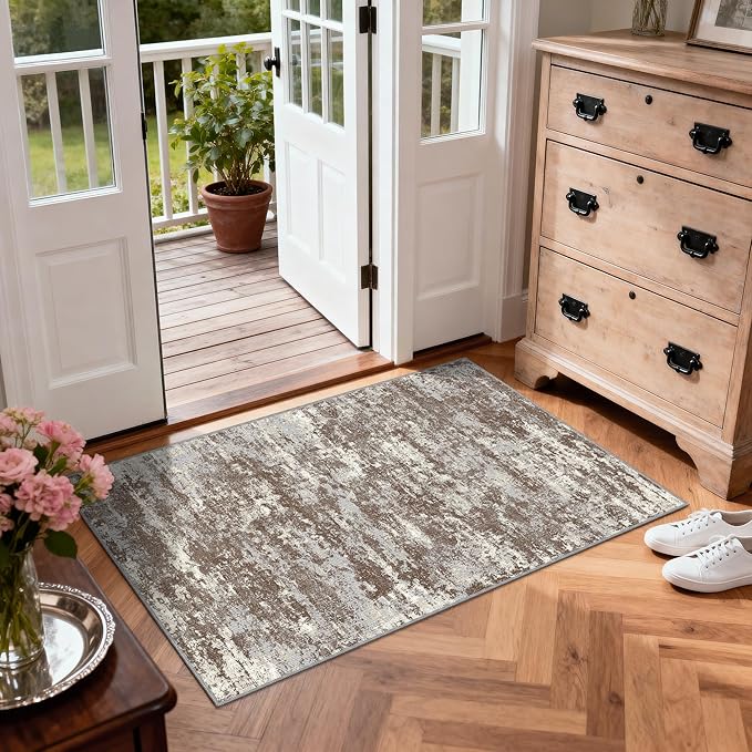 3x5 Area Rug Washable Entryway Rug Non Slip Abstract High-Stain Resistance No Pile Lightweight Throw Rugs Carpet for Kitchen, Entrance, Foyer, Bedside, Mudroom- Deep Brown