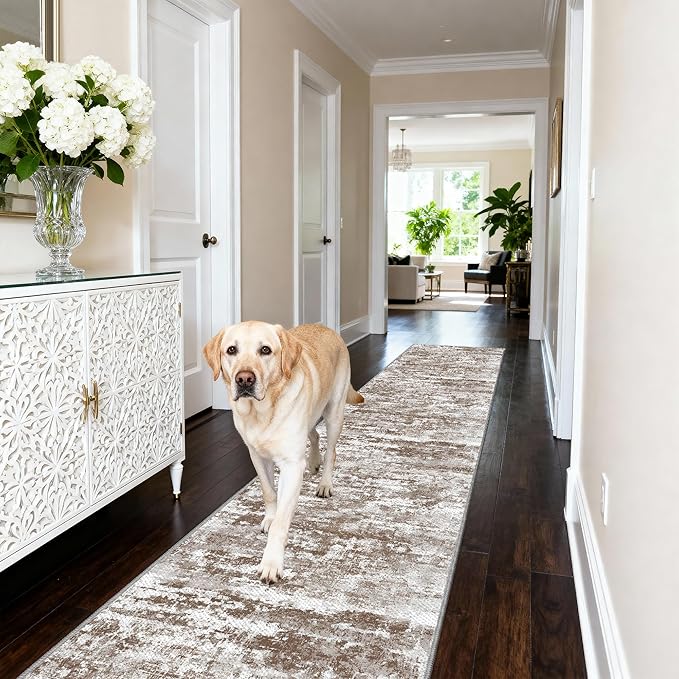 Rug Runners 2x8 Ultra Non-Slip Washable Kitchen Rug Abstract Tear and Stain Resistance No Pile Hand-Woven Style Lightweight Runners for Hallways, Entryway, Laundry Room, Bedside, Brown