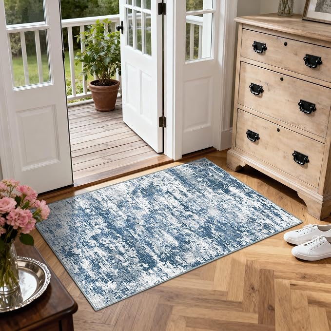 3x5 Area Rug Washable Entryway Rug Non Slip Abstract Tear and Stain Resistance No Pile Lightweight Throw Rugs Carpet for Kitchen, Entrance, Foyer, Bedside, Mudroom, Blue