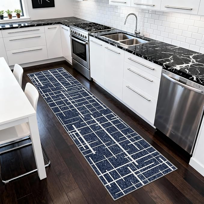 Non Slip Hallway Runner Rug 2x10, Blue Modern Distressed Stripe, Washable Long Rug, Woven Thin Low Pile Carpet Runners for Hallway 10ft Entryway, Kitchen, Walkway- Blue