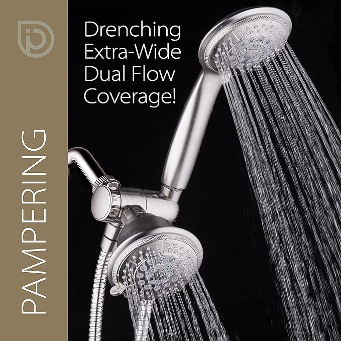1733 Handheld Showerhead & Rain Shower Combo. High Pressure 24 Function 4" Face Dual 2 in 1 Shower Head System with Stainless Steel Hose, Patented 3-way Water Diverter in Nickel Finish