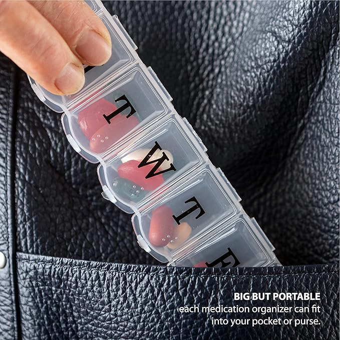 Deke Home - Weekly Pill Organizer (2 Pack), 7 Day Pill Box with Large Compartments & Snap-Shut Lids, Easy Open, BPA Free Plastic Medicine Organizer for Pills, Vitamins & Supplements, Travel Friendly