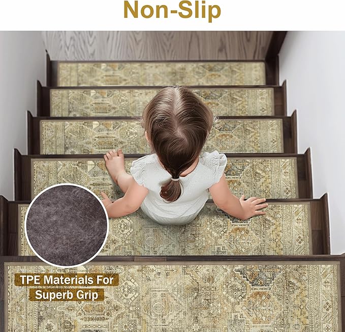 sarben Carpet Stair Treads Non Slip 15PCS, 8" X 30" Edging Stair Runner for Wooden Steps Indoor, Resistant Stair Rugs with Reusable TPE Adhesive Backing, Residue Mat for Elders, Pets, Tawny/Ivory
