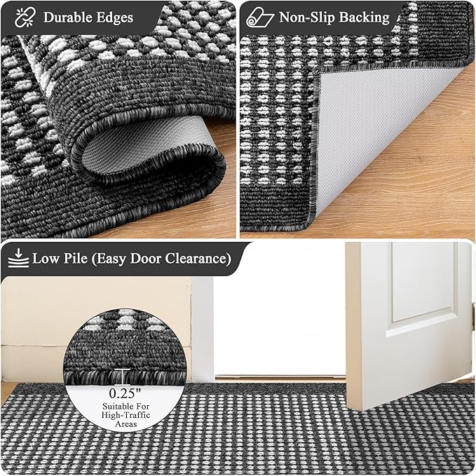 Ileading Black Runner Rugs for Hallway 2'x8' Non Slip Farmhouse Long Kitchen Floor Mats with Rubber Backing Absorbable Throw Rugs Machine Washable Indoor Decor Carpet for Corridor Petmat Entryway