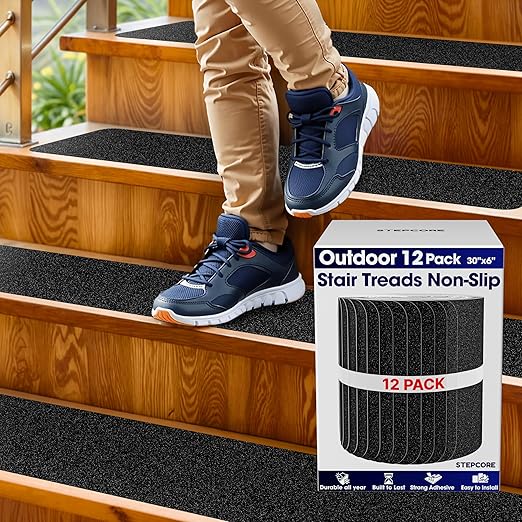 Outdoor Stair Treads Non Slip – 30" x 6" – 12-Pack Waterproof 80-Grit Grip Strips for Wooden Steps – Anti Slip & Anti Skid Step Treads – by STEPCORE