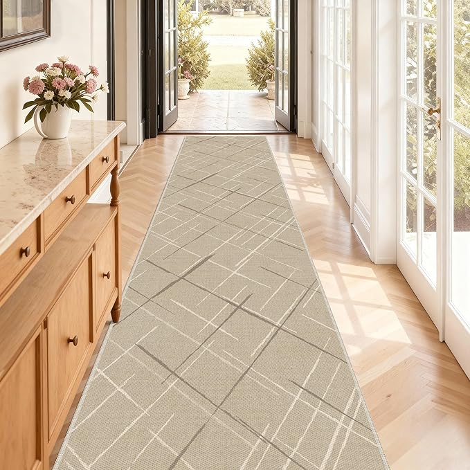 Kitchen Rugs Ultra Non-Slip 2.6x12 Washable Runner Rug Modern Tear and Stain Resistance No Pile Lightweight Runners for Entryway, Hallway, Walkway, Bedside, Entrance, Beige
