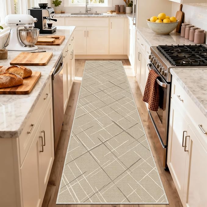 Beige Runner Rug Ultra Non-Slip 2x10 Long Hallway Rugs Washable Modern Tear and Stain Resistance No Pile Lightweight Modern Rug Runners for Entryway, Kitchen, Walkway, Entrance, Beige