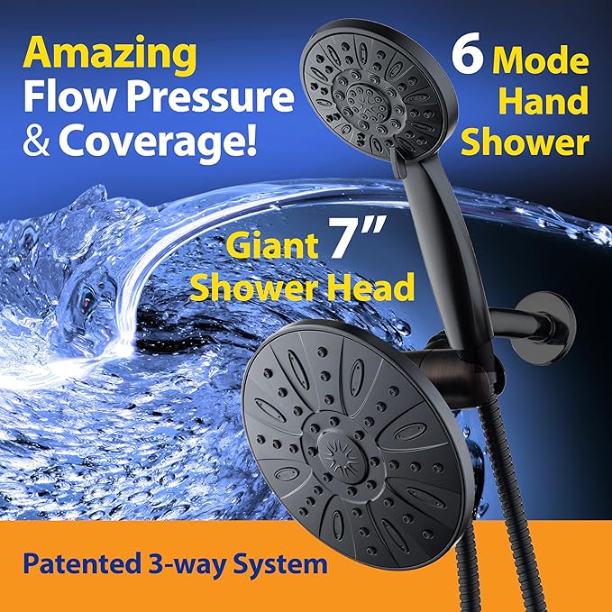 AquaDance 7" Premium High Pressure 3-Way Rainfall Combo Combines The Best of Both Worlds-Enjoy Luxurious Rain Showerhead and 6-Setting Hand Held Shower Separately or Together, Matte Black