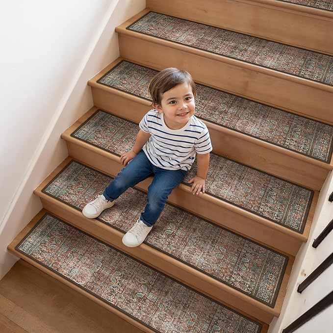 Non Slip Stair Treads for Wooden Steps 15PCS - 8"x30" Indoor Safety Carpet, Edging Mats with TPE Adhesive Backing, Pet and Elderly Friendly Stair Rugs (Light Clay Brown)