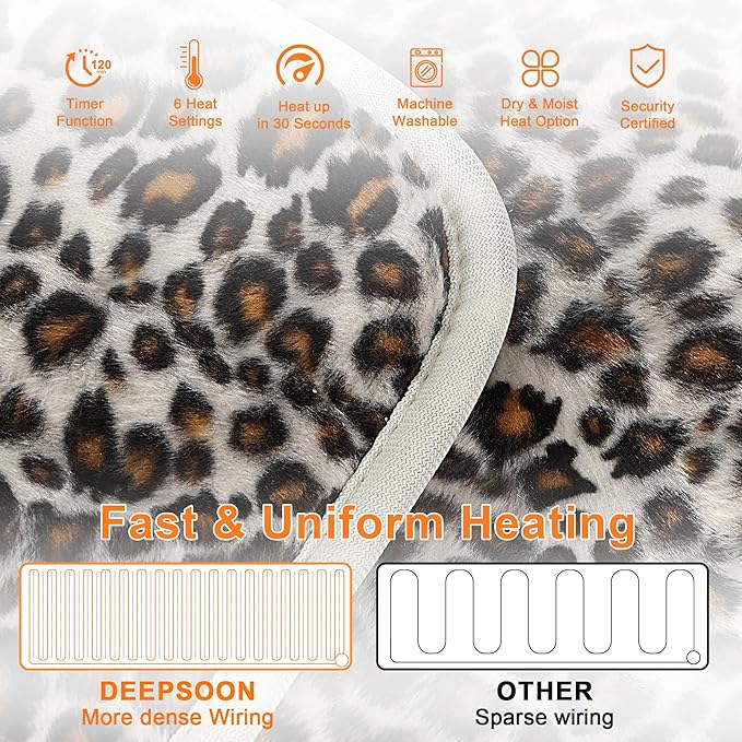 Deepsoon Heating Pad,Electric Heating Pads for Back,Neck,Moist Heating Pad for Abdomen Shoulder Knee Legs,Dry/Moist Heat&Auto Shut Off,Mother's Day Birthday for Men and Women,Leopard Print,33x17 Inch